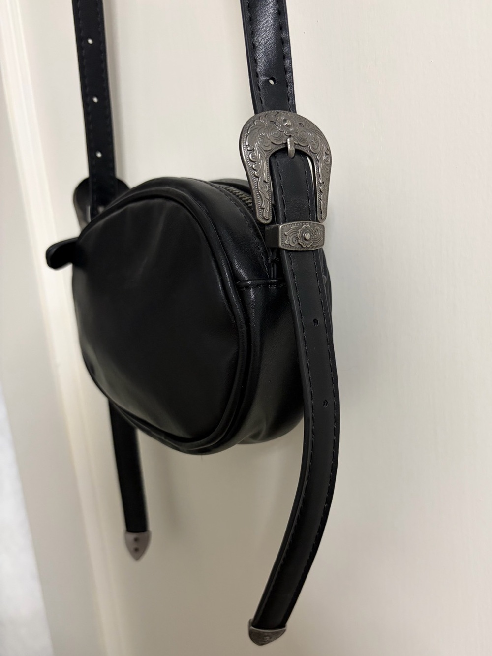 Urban Outfitters Black Faux Leather Western Double Buckle Mini Crossbody Bag